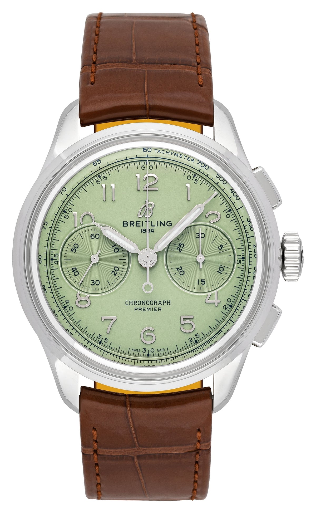  Shop Authentic Breitling Premier B09 Chronograph 40 Green Dial Brown Leather Strap Watch for Men - AB0930D31L1P1 - Luxxuri
