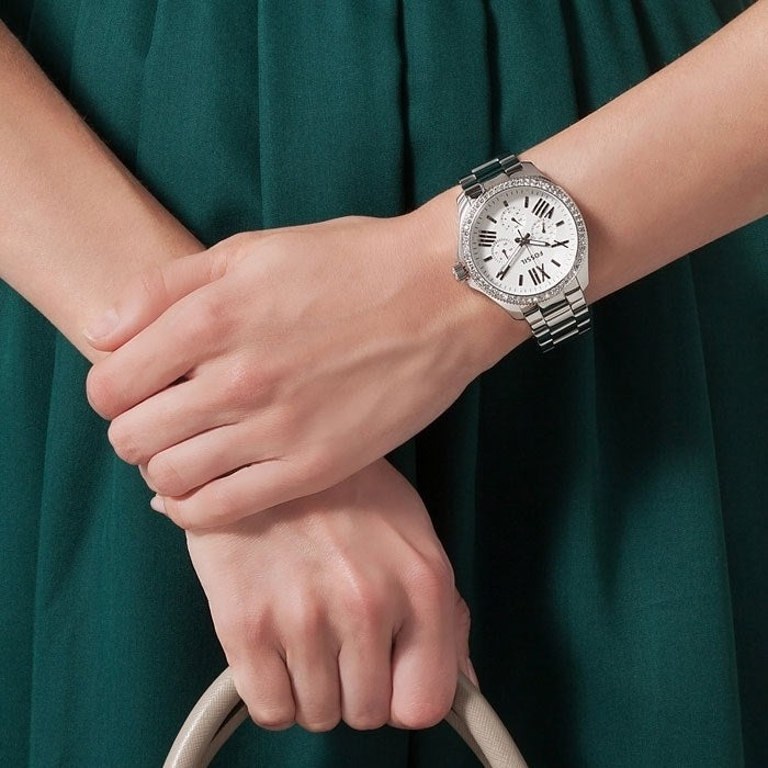  Shop Authentic Fossil Cecile Chronograph Silver Dial Silver Steel Strap Watch for Women - AM4481 - Luxxuri