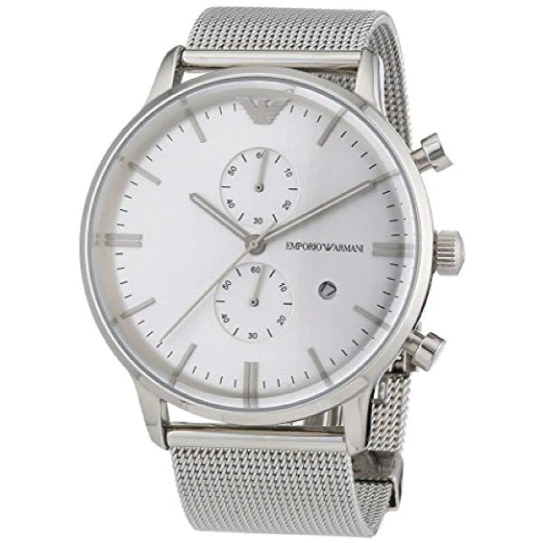  Shop Authentic Emporio Armani Classic Chronograph Quartz Silver Dial Silver Mesh Bracelet Watch For Men - AR0390 - Luxxuri