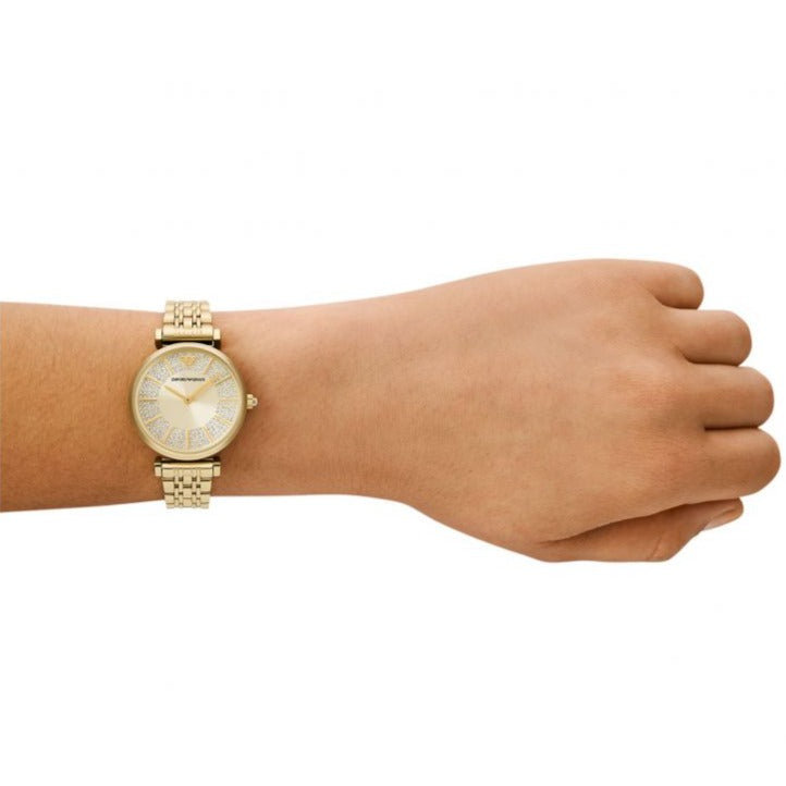  Shop Authentic Emporio Armani Gianni T Bar Analog Crystals Gold Dial Gold Steel Strap Watch For Women - AR11608 - Luxxuri
