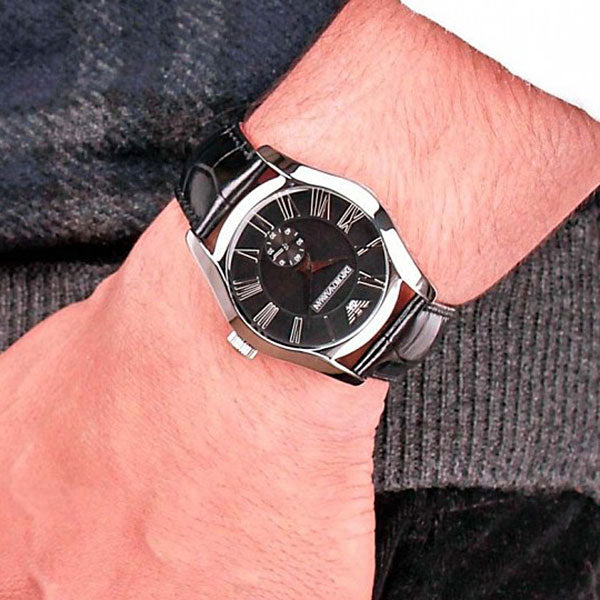  Shop Authentic Emporio Armani Valente Black Dial Black Leather Strap Watch For Men - AR0643 - Luxxuri