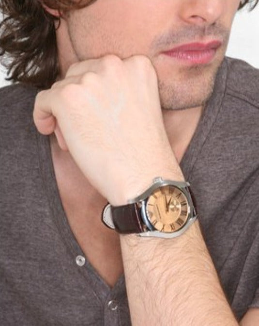  Shop Authentic Emporio Armani Classic Quartz Beige Dial Brown Leather Strap Watch For Men - AR0646 - Luxxuri