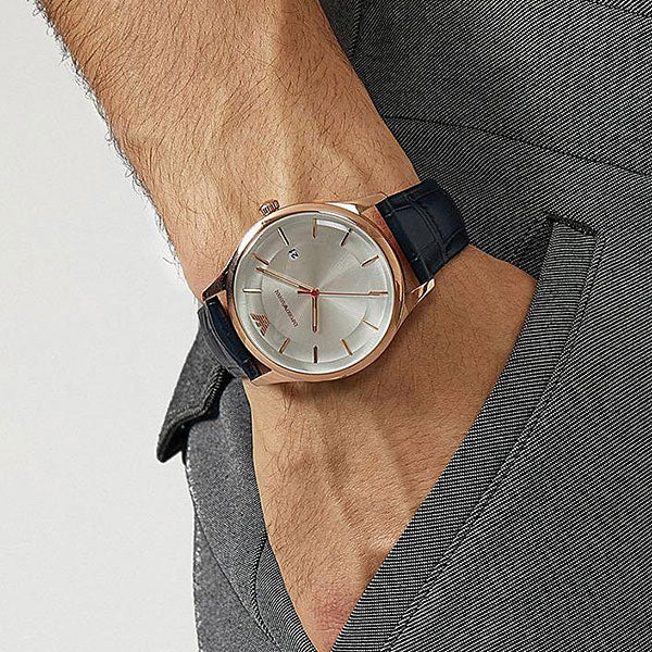  Shop Authentic Emporio Armani Classic Silver Dial Blue Leather Strap Watch For Men - AR11131 - Luxxuri