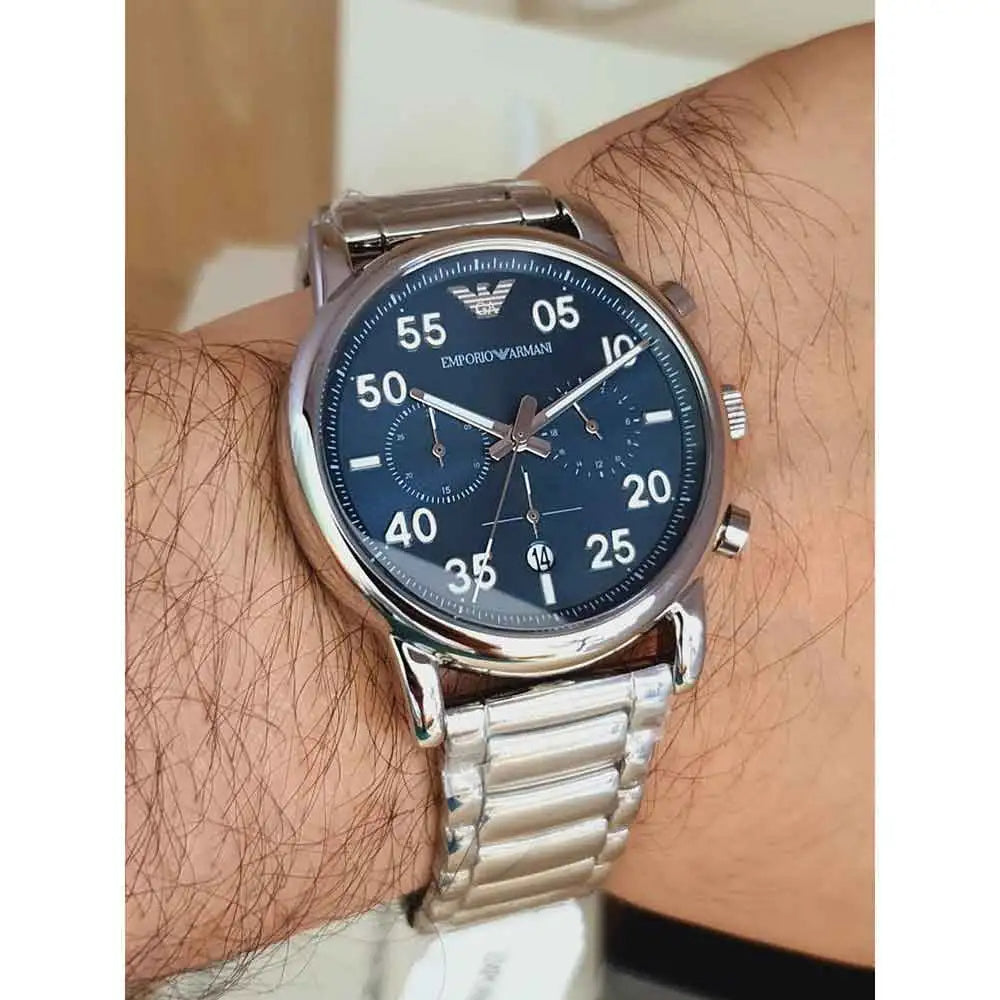 Shop Authentic Emporio Armani Luigi Chronograph Blue Dial Silver Steel Strap Watch For Men - AR11132 - Luxxuri