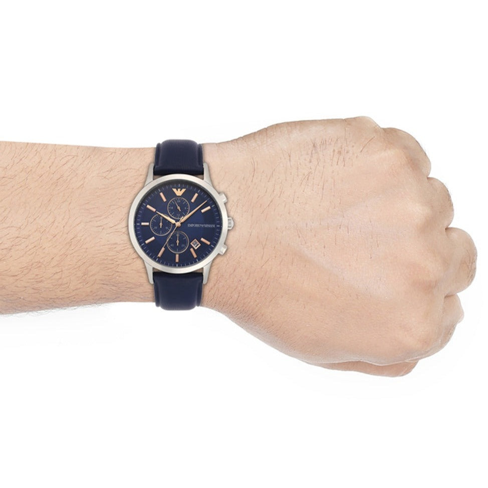  Shop Authentic Emporio Armani Renato Chronograph Blue Dial Black Leather Strap Watch For Men - AR11216 - Luxxuri