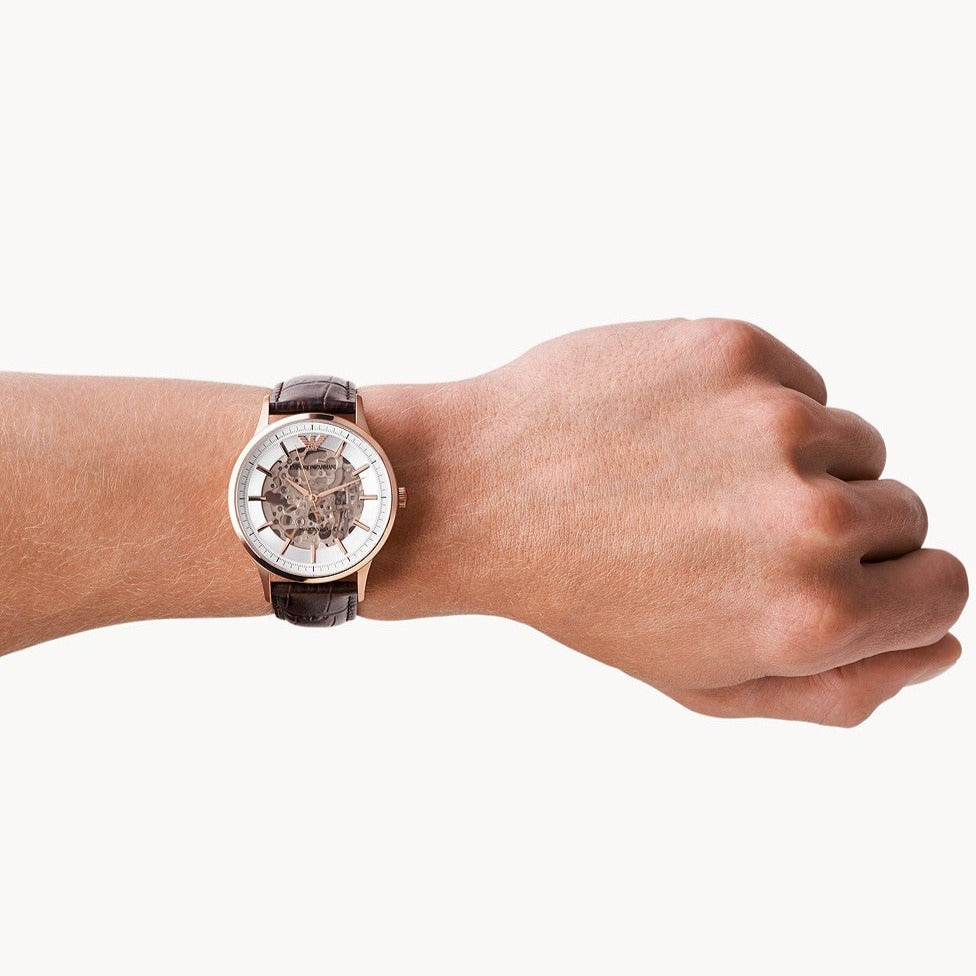  Shop Authentic Emporio Armani Meccanico Automatic Silver Dial Brown Leather Strap Watch For Men - AR60039 - Luxxuri