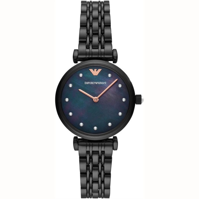  Shop Authentic Emporio Armani Gianni T-Bar Quartz Black Mother of Pearl Dial Black Steel Strap Watch For Women - AR11268 - Luxxuri