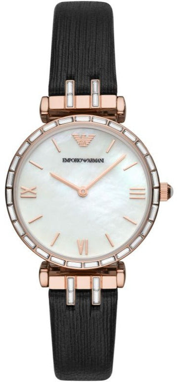  Shop Authentic Emporio Armani Gianni T-Bar Mother of Pearl Dial Black Leather Strap Watch For Women - AR11295 - Luxxuri