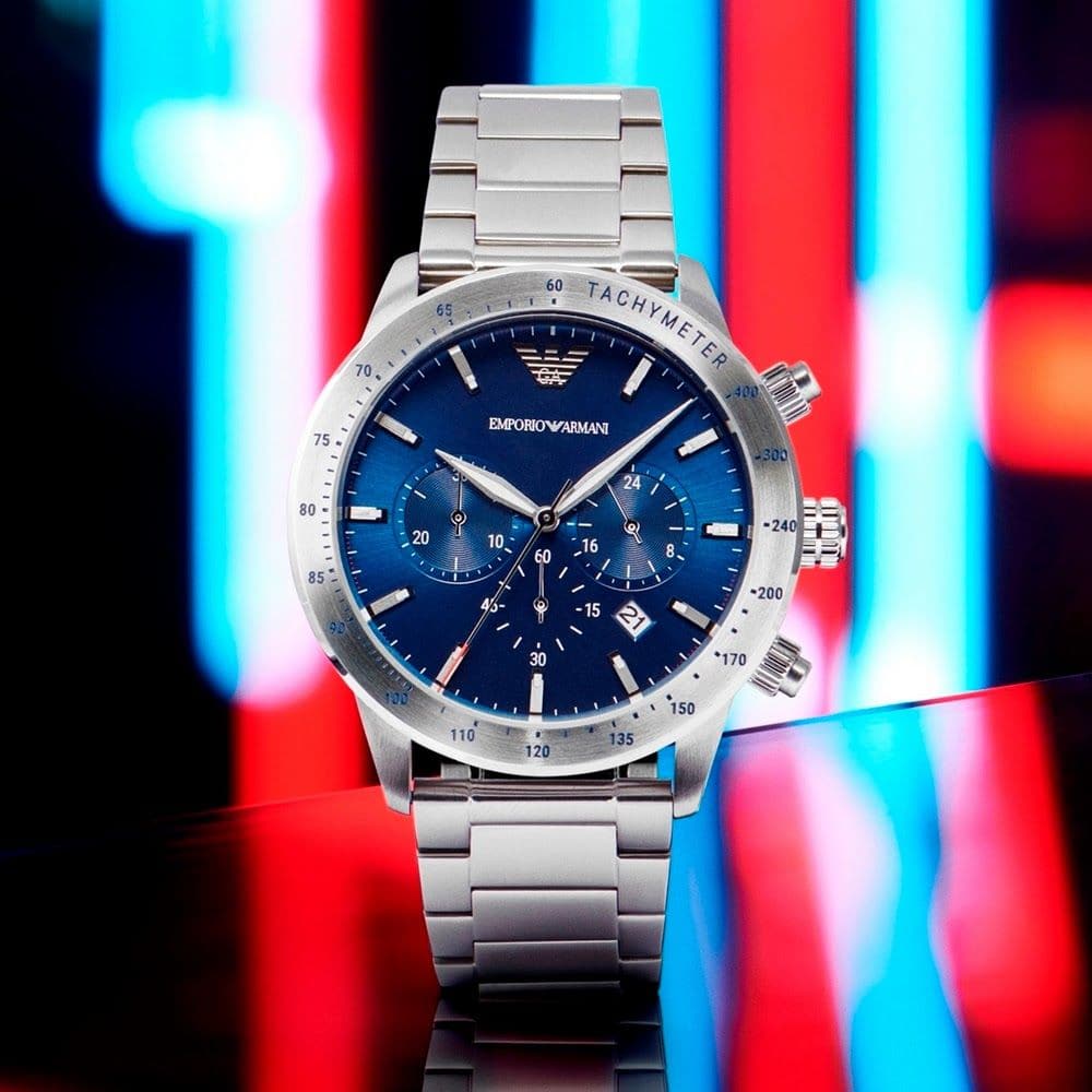  Shop Authentic Emporio Armani Mario Chronograph Blue Dial Silver Steel Strap Watch For Men - AR11306 - Luxxuri