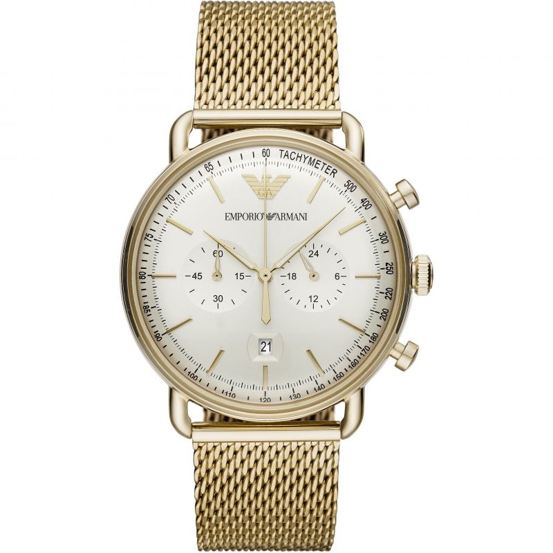  Shop Authentic Emporio Armani Aviator Chronograph Quartz Beige Dial Gold Mesh Bracelet Watch For Men - AR11315 - Luxxuri