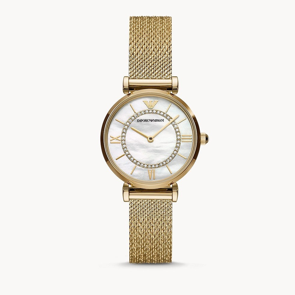  Shop Authentic Emporio Armani Gianni T Bar Mother of Pearl Dial Gold Mesh Bracelet Watch For Women - AR11321 - Luxxuri