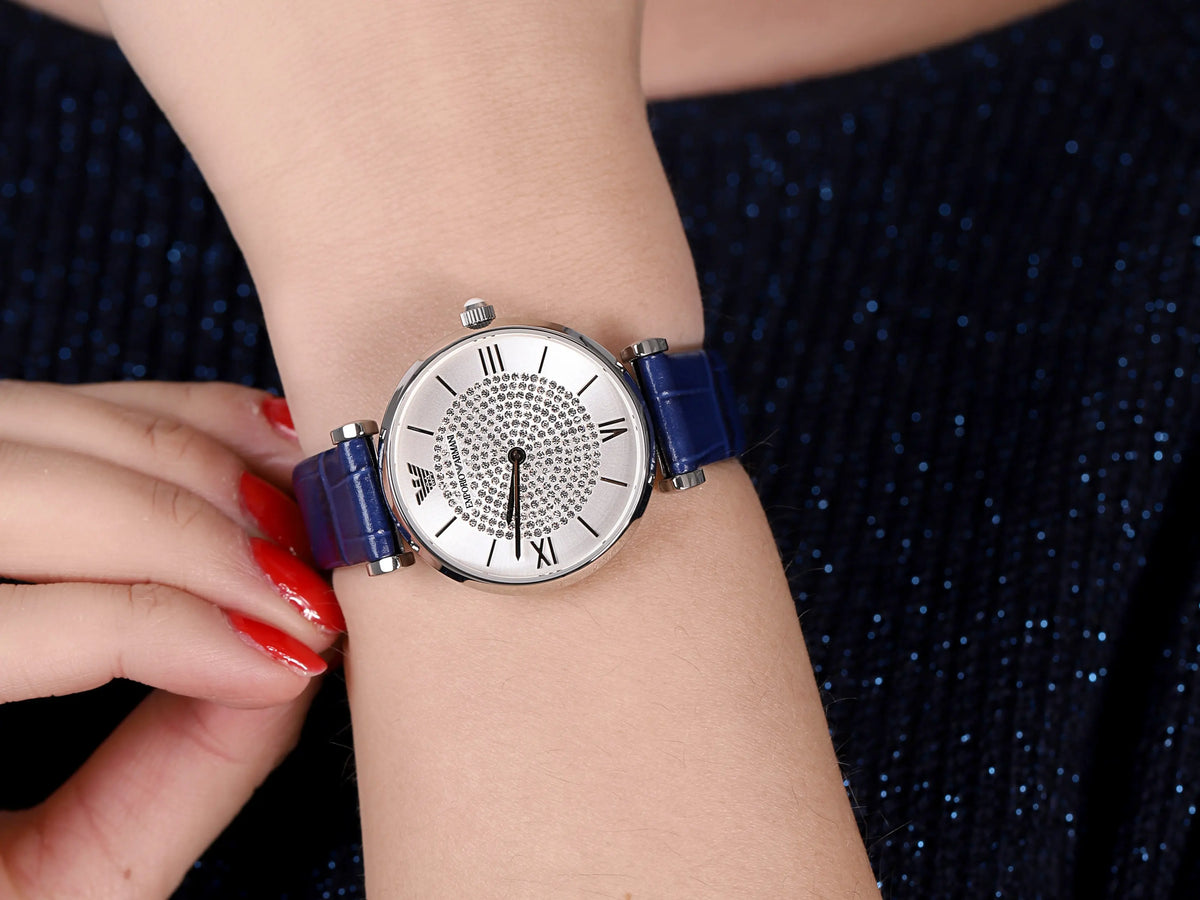  Shop Authentic Emporio Armani Gianni T Bar Quartz Crystals Silver Dial Blue Leather Strap Watch For Women - AR11344 - Luxxuri