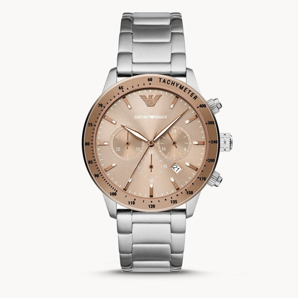  Shop Authentic Emporio Armani Mario Chronograph Beige Dial Silver Steel Strap Watch For Men - AR11352 - Luxxuri