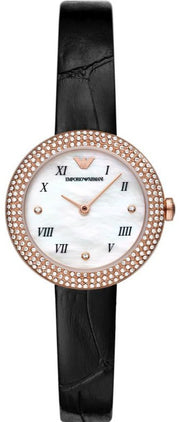  Shop Authentic Emporio Armani Rosa Quartz Mother Of Pearl White Dial Black Leather Strap Watch For Women - AR11356 - Luxxuri