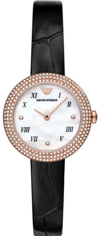  Shop Authentic Emporio Armani Rosa Quartz Mother Of Pearl White Dial Black Leather Strap Watch For Women - AR11356 - Luxxuri