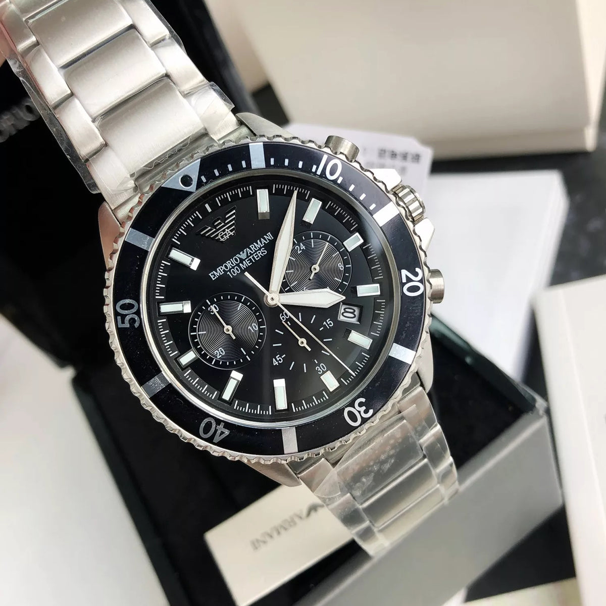 Shop Authentic Emporio Armani Diver Chronograph Quartz Black Dial Silver Steel Strap Watch For Men - AR11360 - Luxxuri
