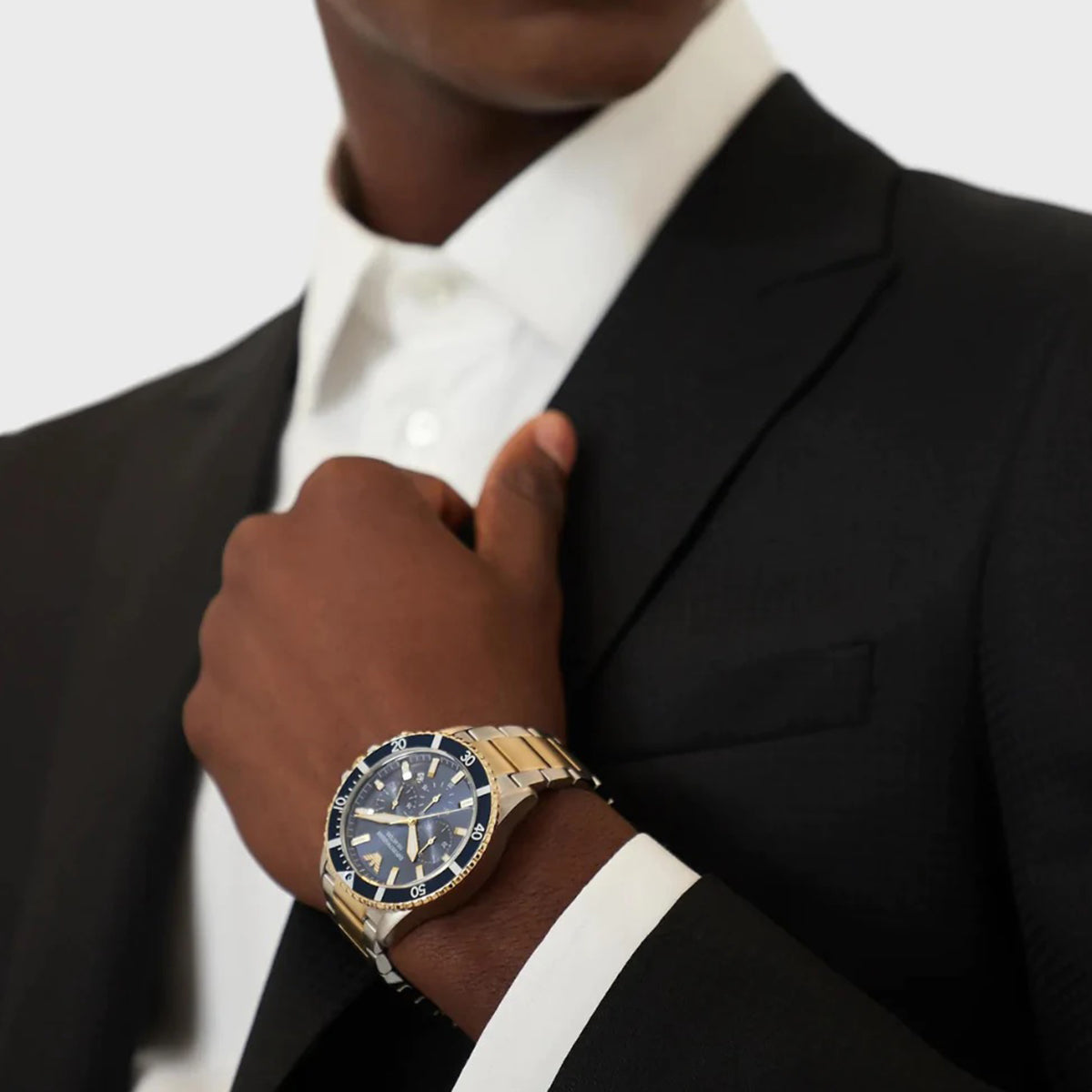  Shop Authentic Emporio Armani Mario Chronograph Blue Dial Two Tone Steel Strap Watch For Men - AR11362 - Luxxuri