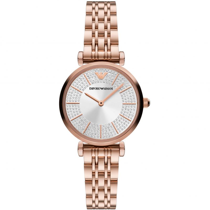  Shop Authentic Emporio Armani Gianni T-Bar Crystals Silver Dial Rose Gold Steel Strap Watch For Women - AR11446 - Luxxuri