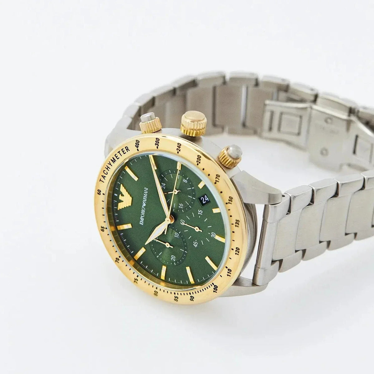  Shop Authentic Emporio Armani Mario Chronograph Green Dial Silver Steel Strap Watch For Men - AR11454 - Luxxuri