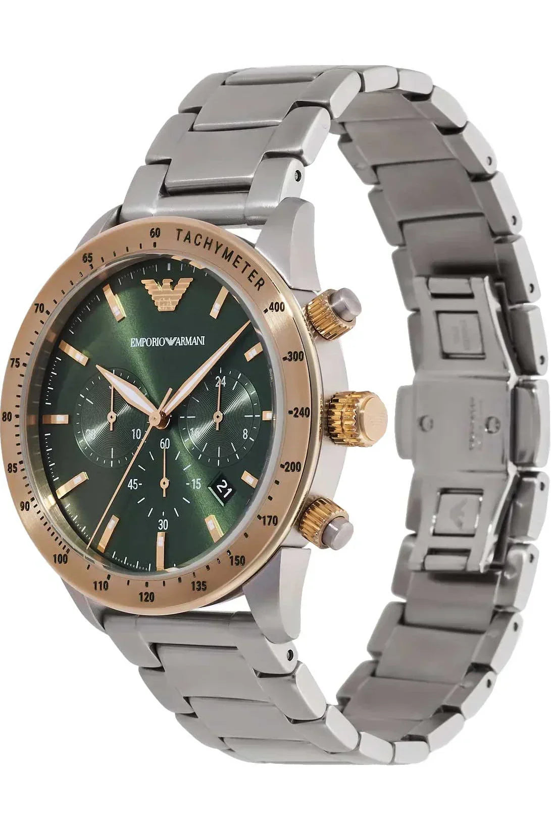  Shop Authentic Emporio Armani Mario Chronograph Green Dial Silver Steel Strap Watch For Men - AR11454 - Luxxuri