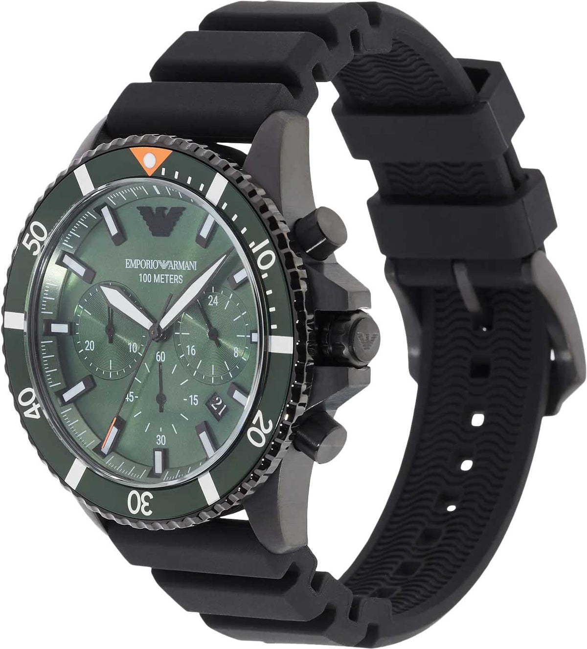  Shop Authentic Emporio Armani Diver Chronograph Quartz Green Dial Black Silicon Strap Watch For Men - AR11463 - Luxxuri