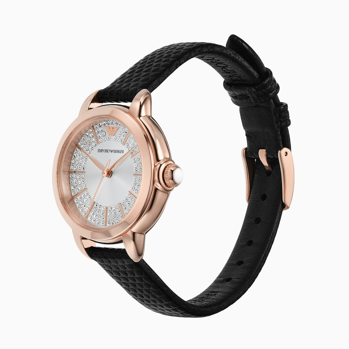  Shop Authentic Emporio Armani Mia Three Hand Crystals Silver Dial Black Leather Strap Watch For Women - AR11631 - Luxxuri