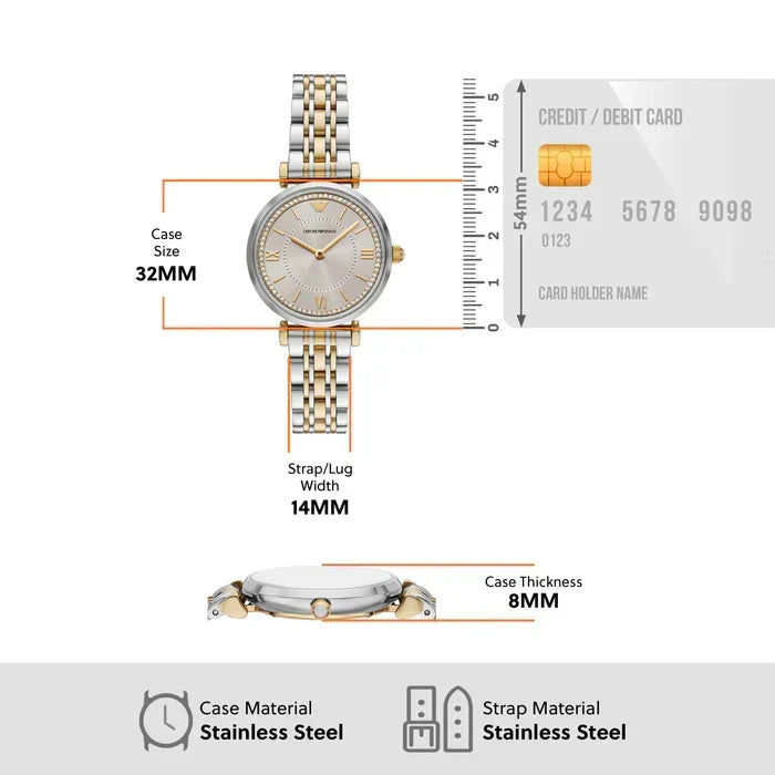 Emporio Armani Gianni T-Bar Beige Dial Two Tone Steel Strap Watch for Women - AR11702