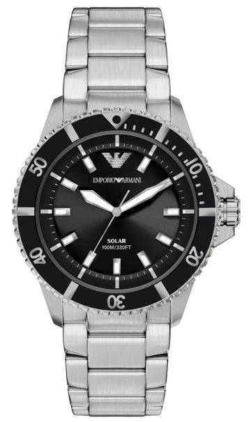 Emporio Armani World Explorer Solar Black Dial Silver Steel Strap Watch for Men - AR11787
