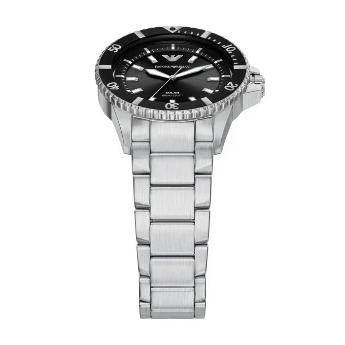 Emporio Armani World Explorer Solar Black Dial Silver Steel Strap Watch for Men - AR11787