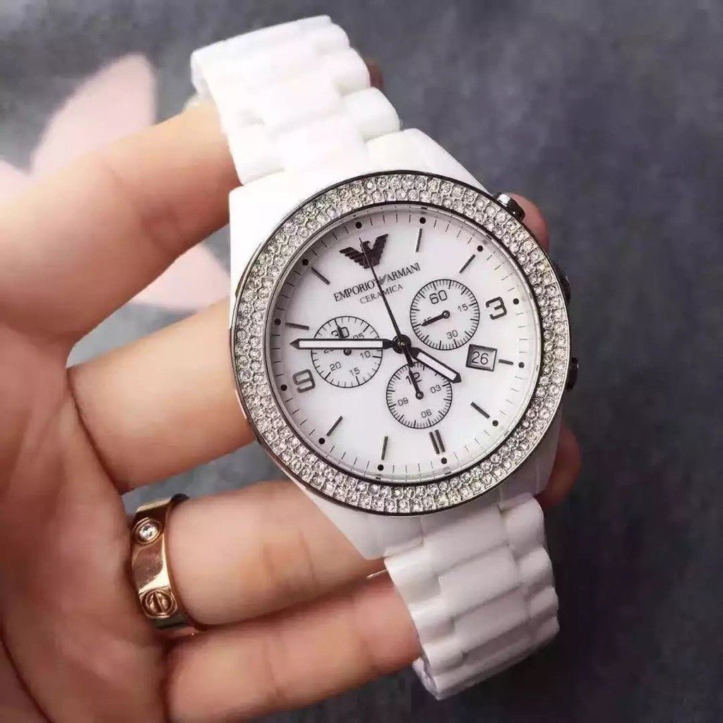  Shop Authentic Emporio Armani Ceramica Chronograph White Dial White Ceramic Strap Watch For Women - AR1456 - Luxxuri