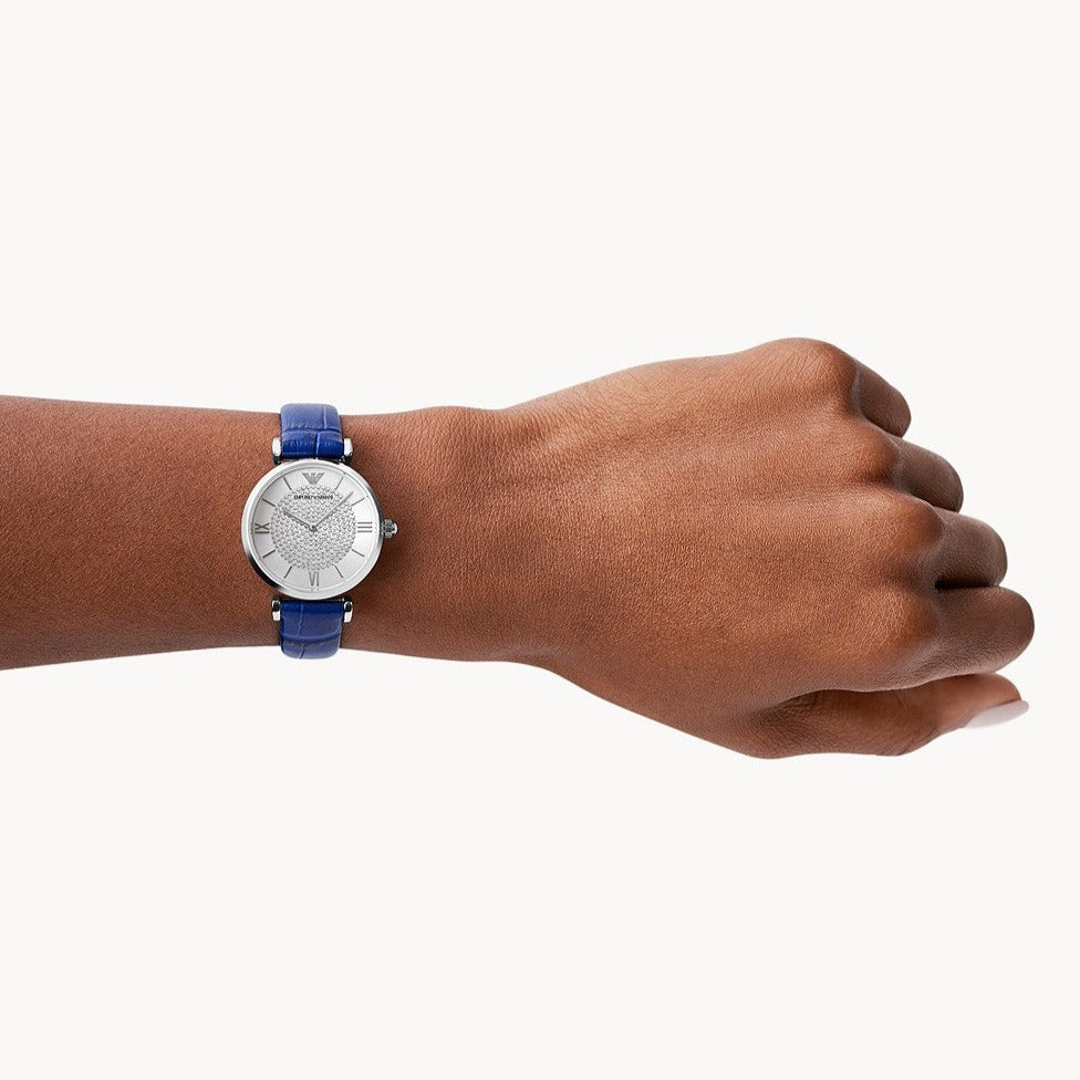  Shop Authentic Emporio Armani Gianni T Bar Quartz Crystals Silver Dial Blue Leather Strap Watch For Women - AR11344 - Luxxuri