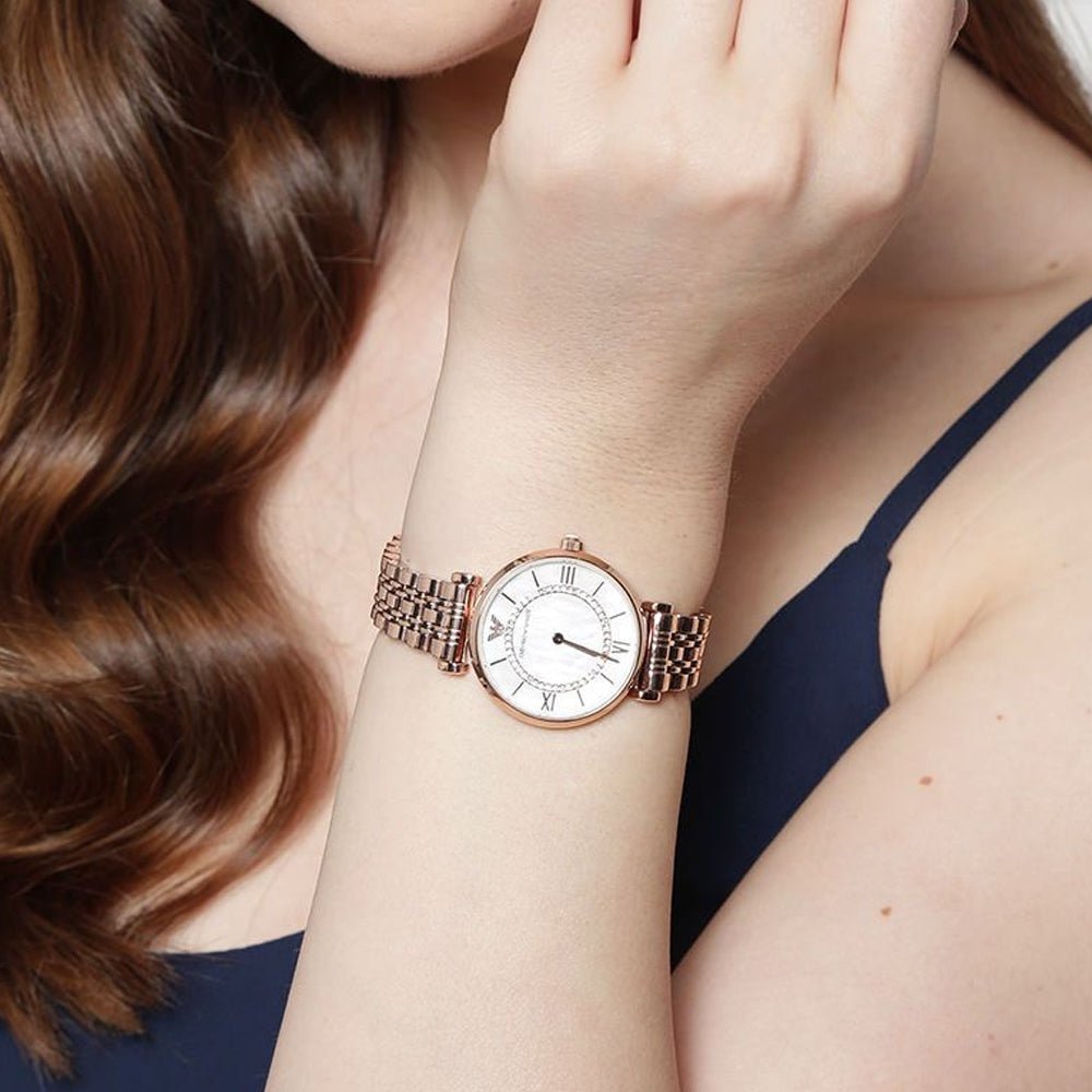  Shop Authentic Emporio Armani Gianni T Bar Mother of Pearl Rose Gold Stainless Steel Strap Watch For Women - AR1909 - Luxxuri