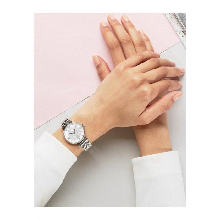  Shop Authentic Emporio Armani Gianni T Bar White Crystal Pave Dial Silver Stainless Steel Strap Watch For Women - AR1925 - Luxxuri
