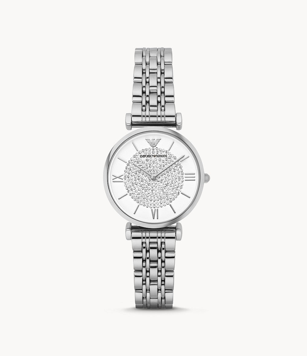  Shop Authentic Emporio Armani Gianni T Bar White Crystal Pave Dial Silver Stainless Steel Strap Watch For Women - AR1925 - Luxxuri