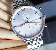  Shop Authentic Emporio Armani Chonograph SIlver Dial Silver Steel Strap Watch For Men - AR1933 - Luxxuri