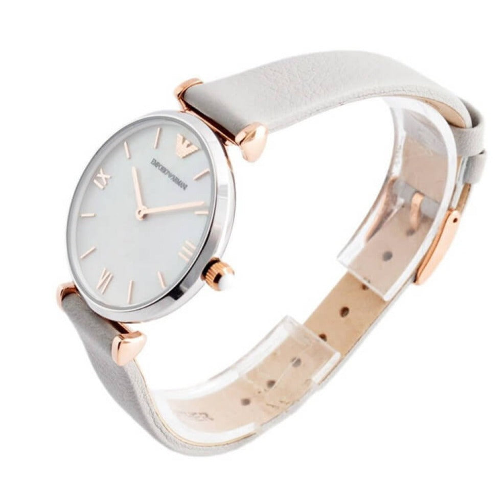  Shop Authentic Emporio Armani Gianni T Bar Quartz Mother of Pearl Dial White Leather Strap Watch For Women - AR1965 - Luxxuri