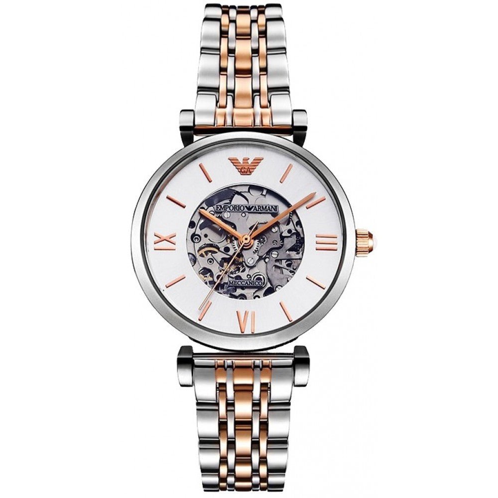  Shop Authentic Emporio Armani Gianni T Bar Silver Skeleton Dial Two Tone Strap Watch For Women - AR1992 - Luxxuri