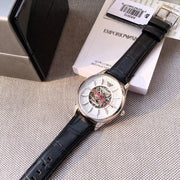  Shop Authentic Emporio Armani Meccanico Silver Skeleton Dial Black Leather Strap Watch For Men - AR2072 - Luxxuri