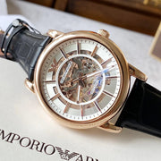  Shop Authentic Emporio Armani Luigi Skeleton Silver Dial Black Leather Strap Watch For Men - AR60007 - Luxxuri