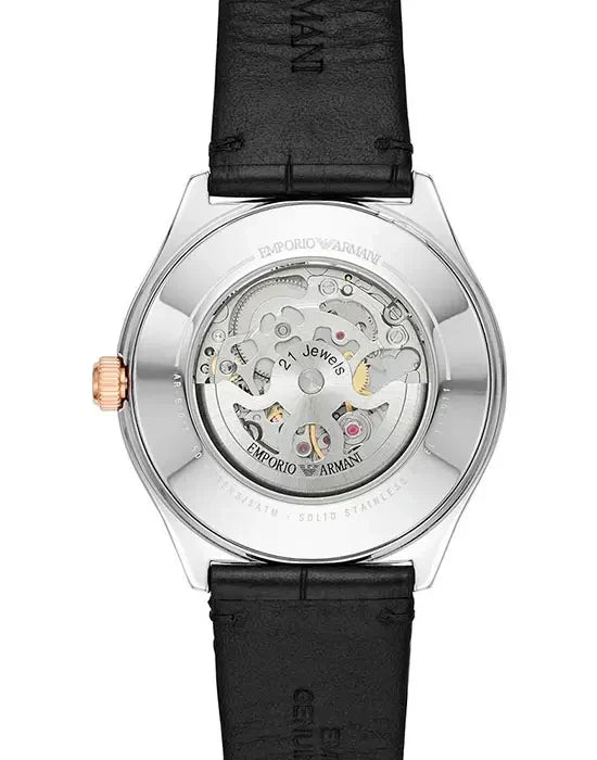  Shop Authentic Emporio Armani Zeta Skeleton Automatic Silver Dial Black Leather Strap Watch For Men - AR60018 - Luxxuri