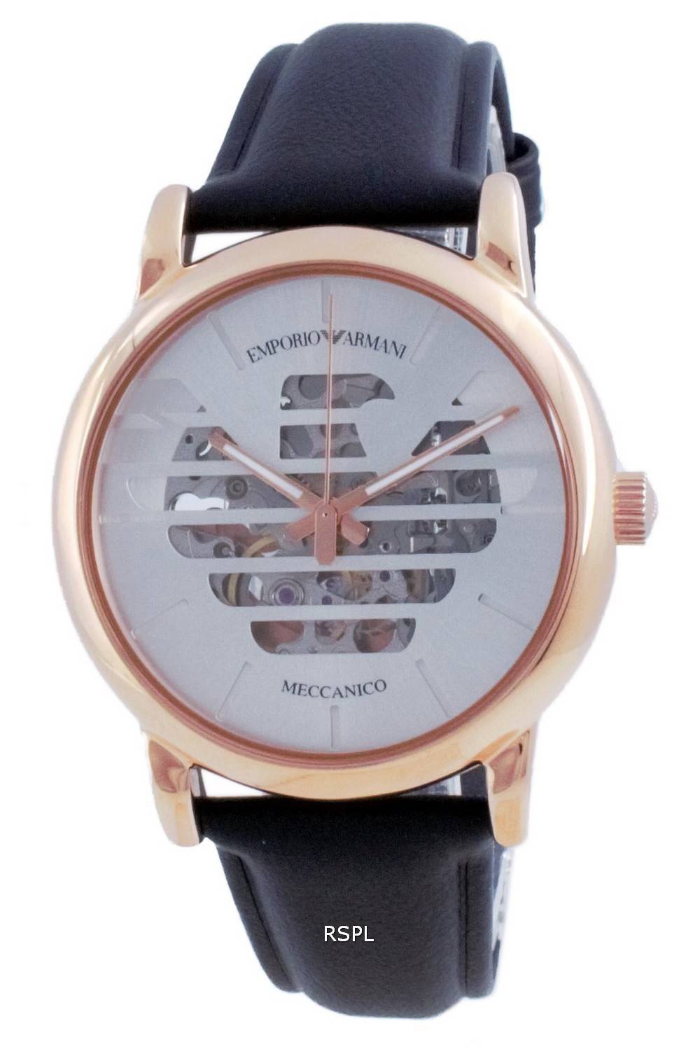  Shop Authentic Emporio Armani Meccanico Skeleton Silver Dial Black Leather Strap Watch For Men - AR60031 - Luxxuri