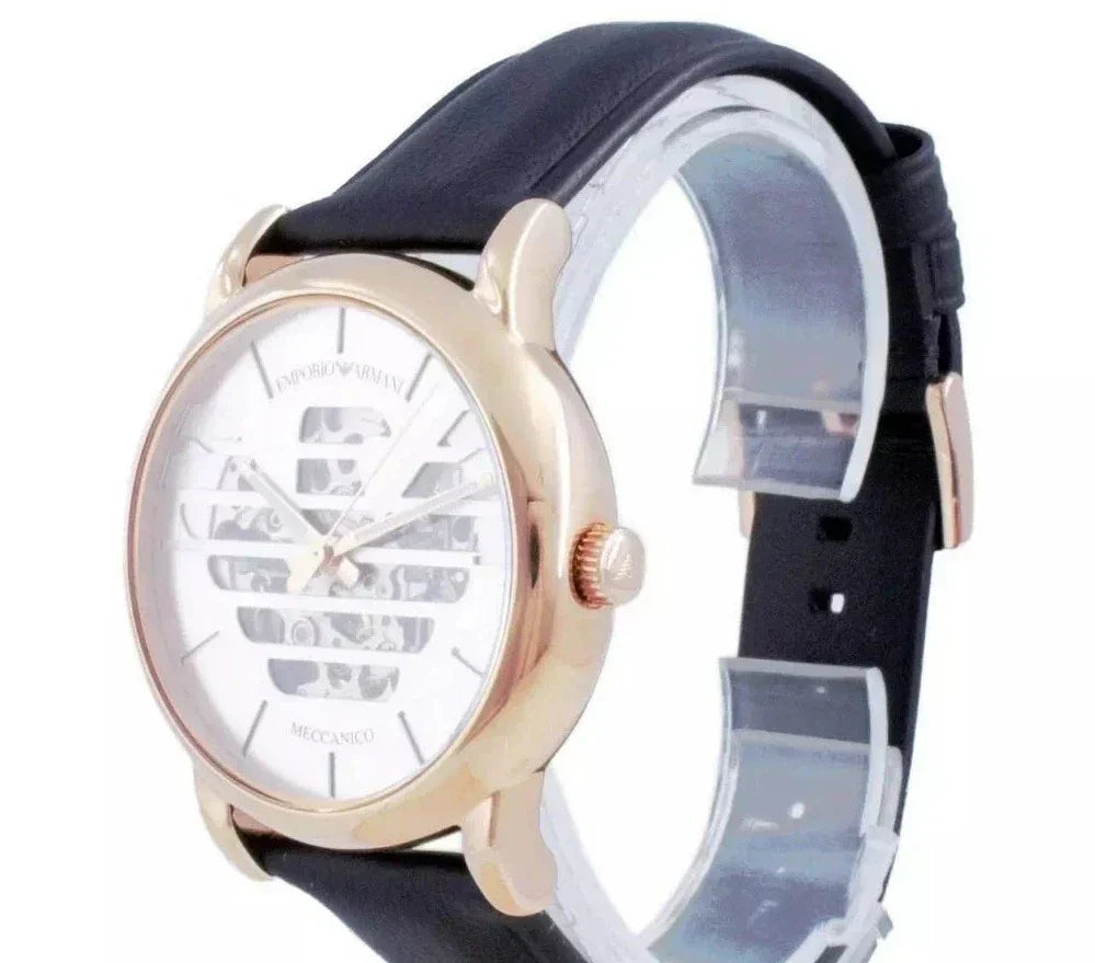  Shop Authentic Emporio Armani Meccanico Skeleton Silver Dial Black Leather Strap Watch For Men - AR60031 - Luxxuri