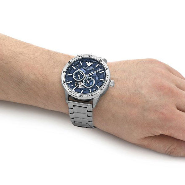  Shop Authentic Emporio Armani Mario Chronograph Automatic Blue Dial Silver Steel Strap Watch For Men - AR60052 - Luxxuri