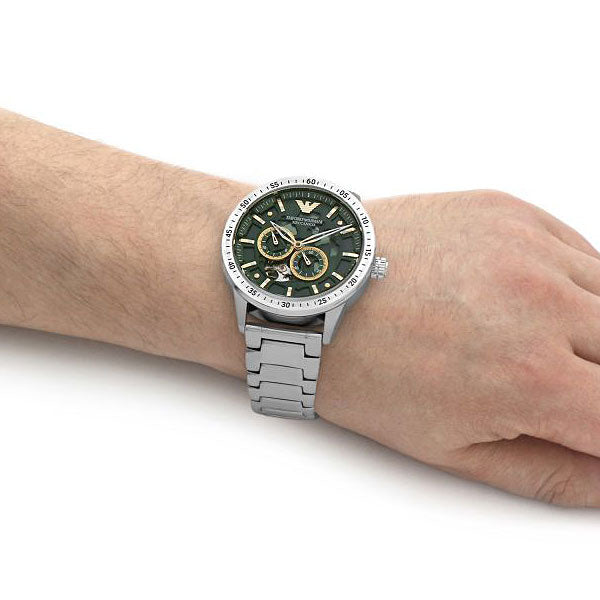  Shop Authentic Emporio Armani Meccanico Chronograph Automatic Green Dial Silver Steel Strap Watch For Men - AR60053 - Luxxuri