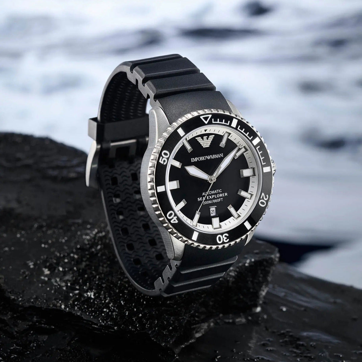 Emporio Armani Sea Explorer Automatic Black Dial Black Silicone Strap Watch For Men - AR60078