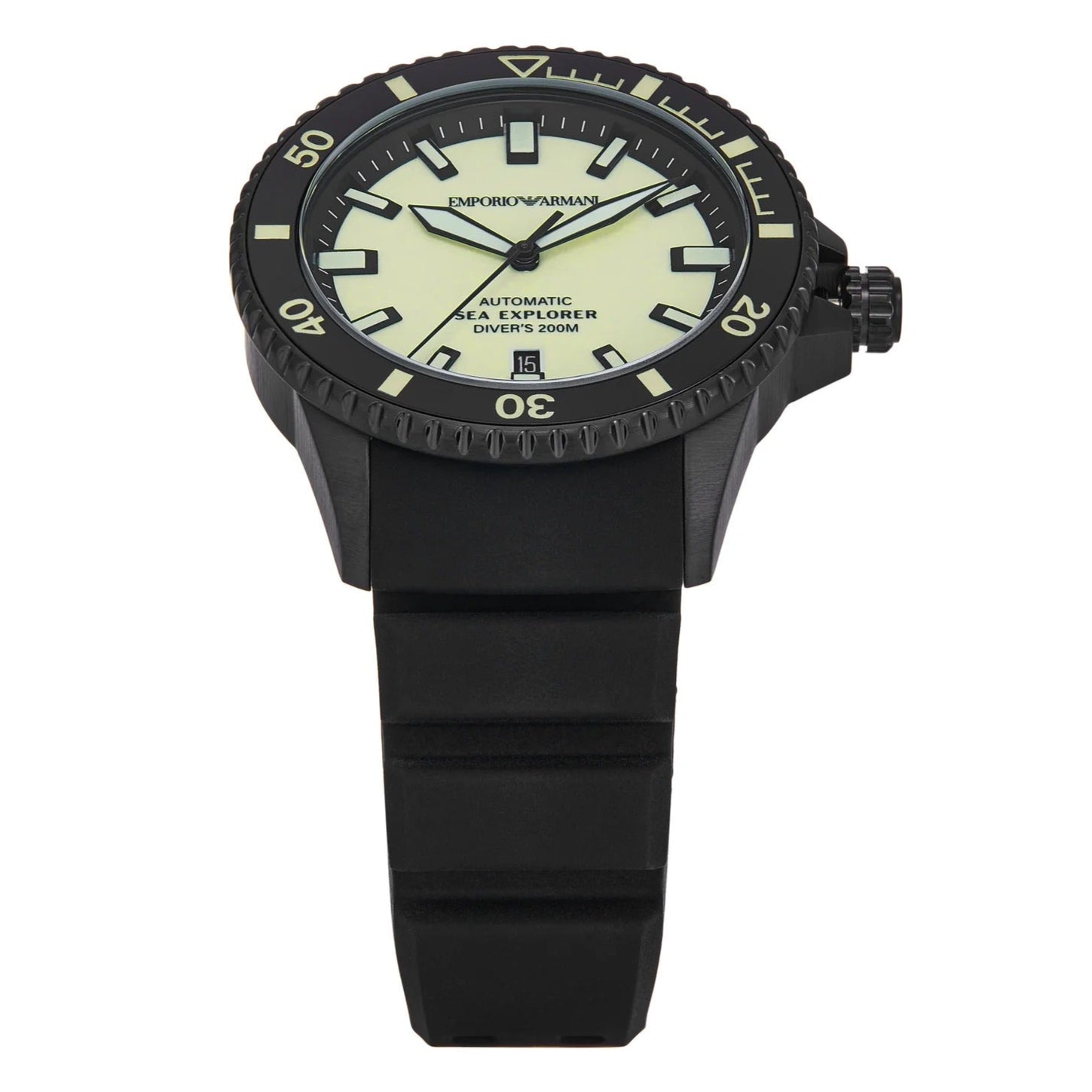 Emporio Armani Sea Explorer Automatic Yellow Dial Black Silicone Strap Watch For Men - AR60085