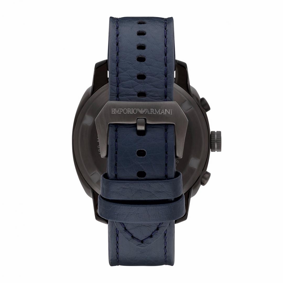 Emporio Armani Sportivo Chronograph Silver Dial Blue Leather Strap Watch for Men - AR6086