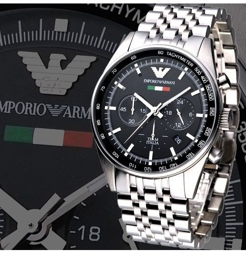  Shop Authentic Emporio Armani Team Italia Chronograph Black Dial Silver Steel Strap Watch For Men - AR5983 - Luxxuri