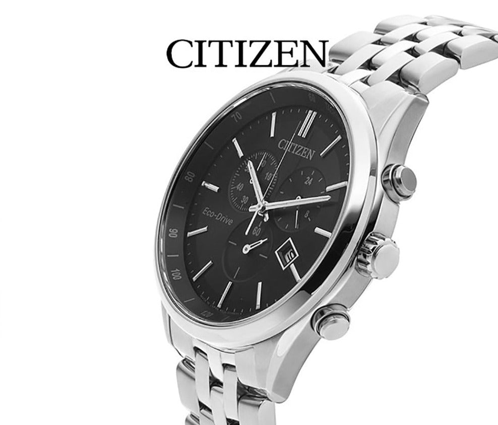  Shop Authentic Citizen Eco Drive Chronograph Black Dial Silver Steel Strap Watch For Men - AT2140-55E - Luxxuri