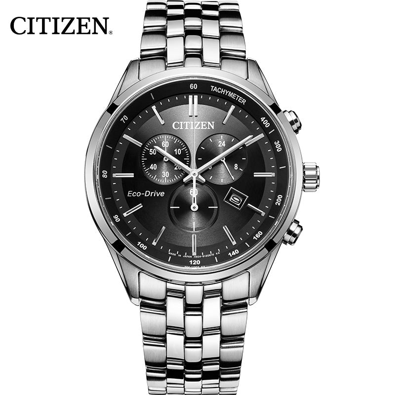  Shop Authentic Citizen Eco Drive Chronograph Black Dial Silver Steel Strap Watch For Men - AT2140-55E - Luxxuri